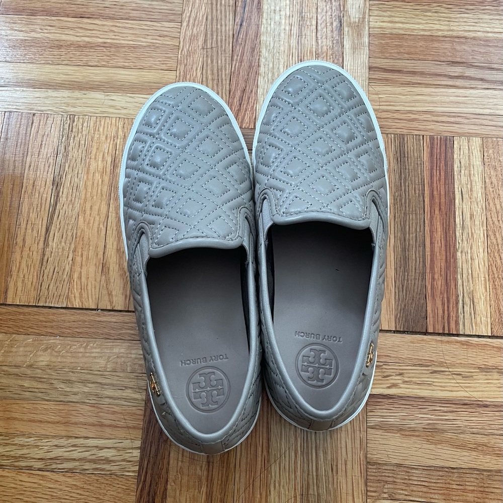 Tory Burch Gray Quilted Slip-On Shoes